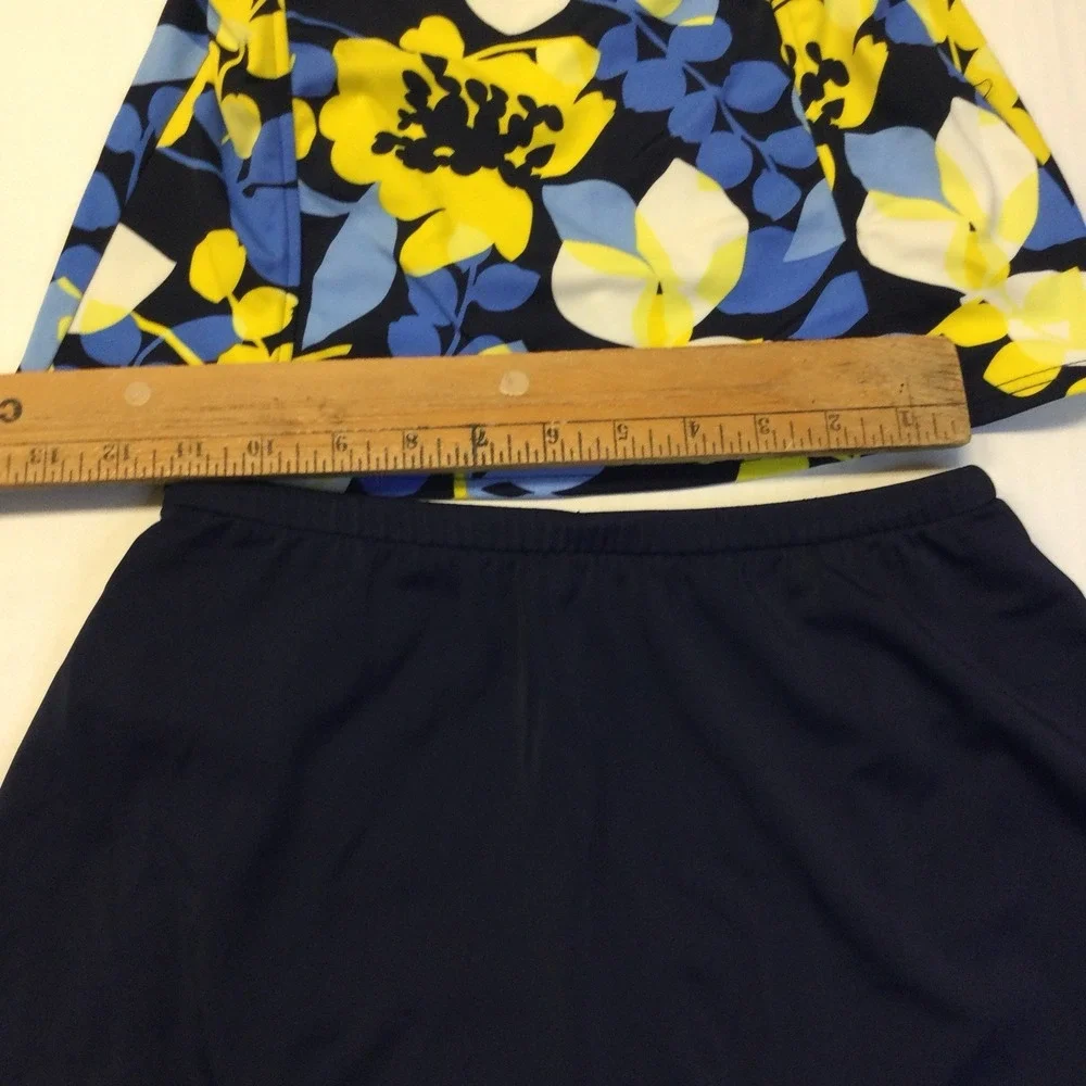 Caribbean Joe 2 Piece Swimsuit Floral Top Skirt‎ Bottom Solid Color Navy Sz Sm